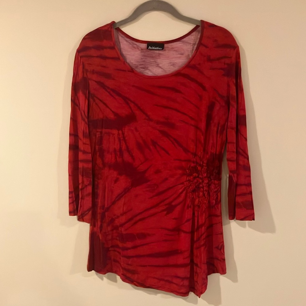 Red Tie-Dye Asymmetrical Tunic with Gathering